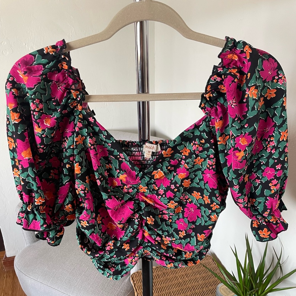 Floral Puff Sleeve Top - Pink and Green